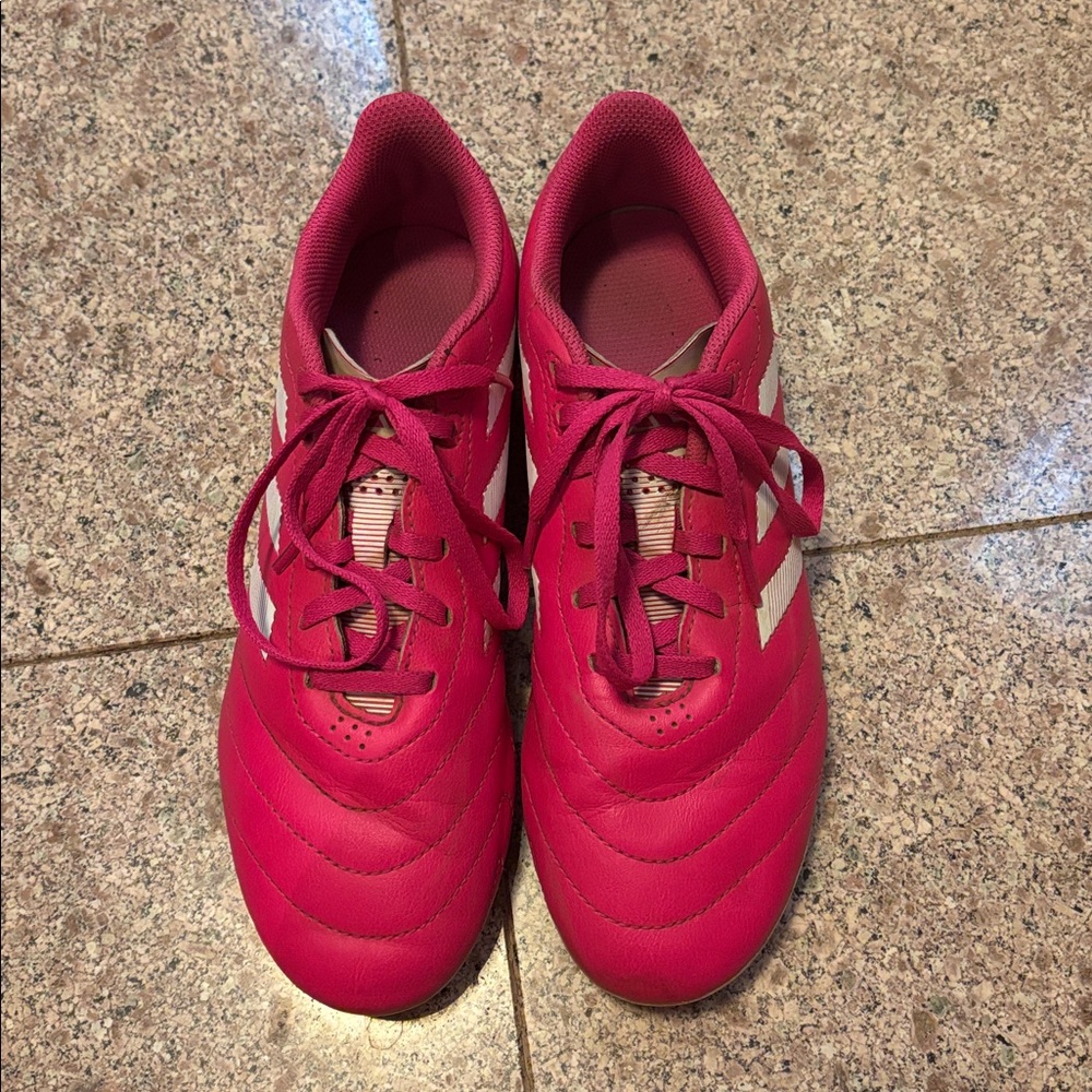 Pink Adidas Soccer Cleats with White Stripes
